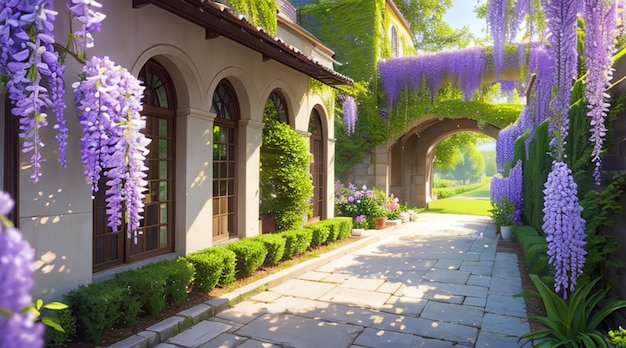 Beautiful wisteria garden scene for wallpaper