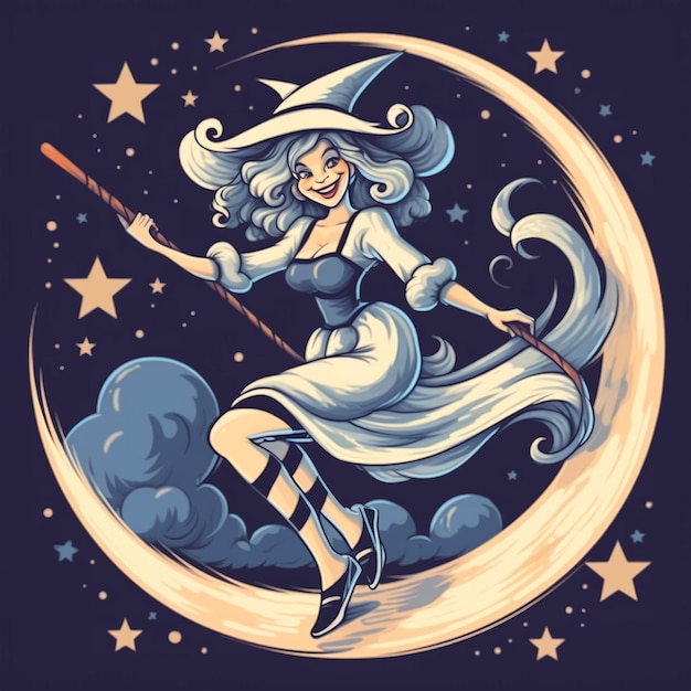 Beautiful witch girl on a broom with moon and stars retro style Halloween costume concept