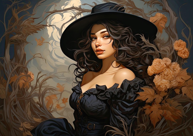 Beautiful witch in hat Halloween background illustration