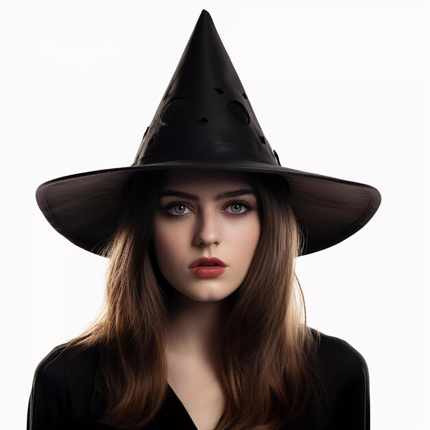 A beautiful witch wearing a conical hat on an isolated background