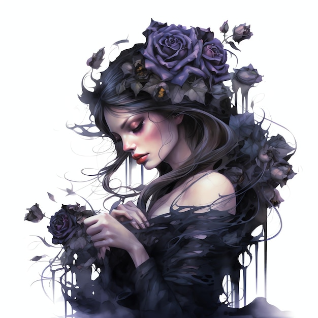 Photo beautiful with black roses ghotic fairy fantasy watercolor clipart illustration