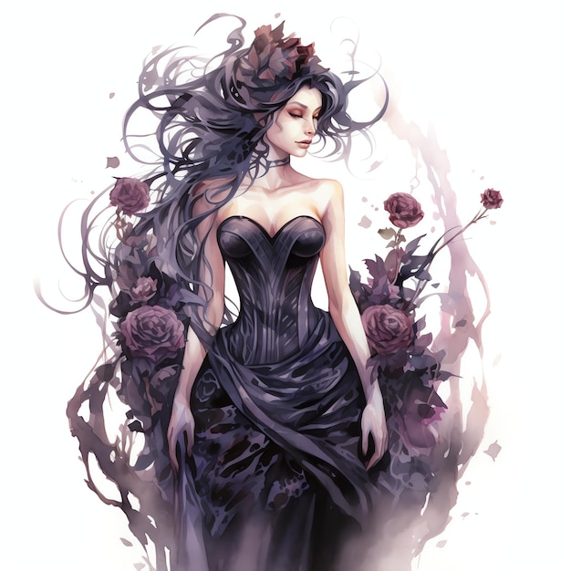 Photo beautiful with black roses ghotic fairy fantasy watercolor clipart illustration