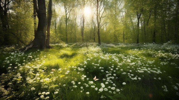 Beautiful with forest glade lots white on green background Green natural background