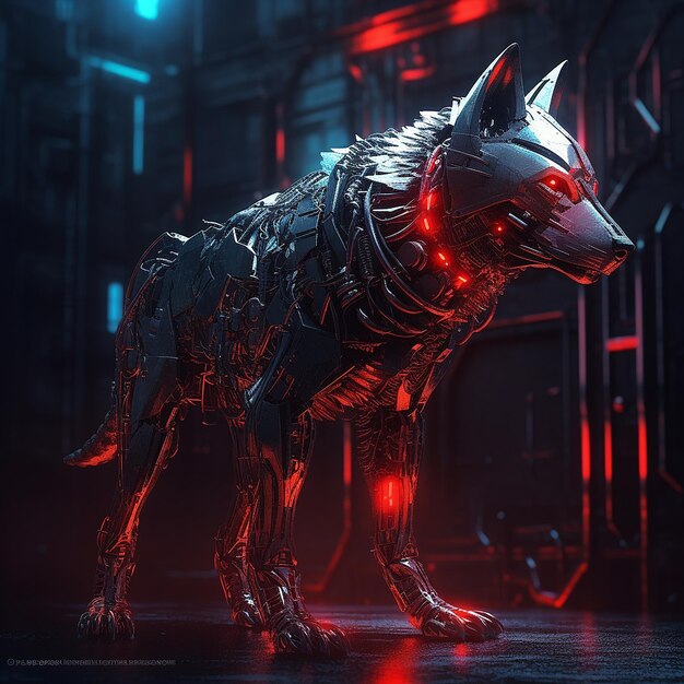 Beautiful wolf cyborg red robot modern technology pictures AI Generated Art