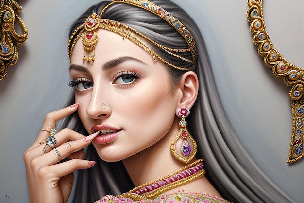 Beautiful woman adorned with stunning jewelry a nose piercing and a ring whose decolletage is complemented by a delicately woven silk string AI Generative