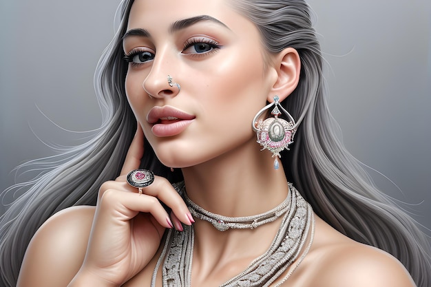 Beautiful woman adorned with stunning jewelry a nose piercing and a ring whose decolletage is complemented by a delicately woven silk string AI Generative