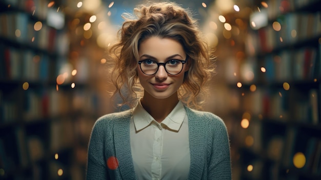 Photo beautiful woman against the background of bookshelves lecturer librarian