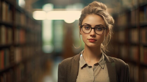 Beautiful woman against the background of bookshelves Lecturer librarian