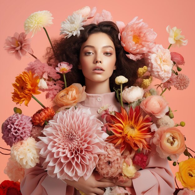 Photo beautiful woman amidst vibrant array of flowers in colorful background