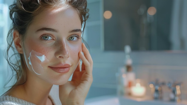 A beautiful woman applies a moisturizing cream to her face