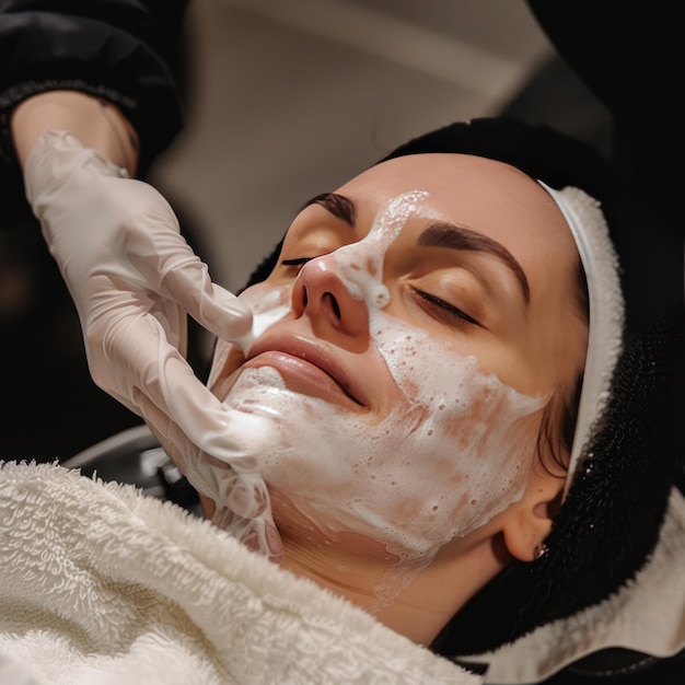 Фото Красивая женщина наносит маску для лица в салоне красоты