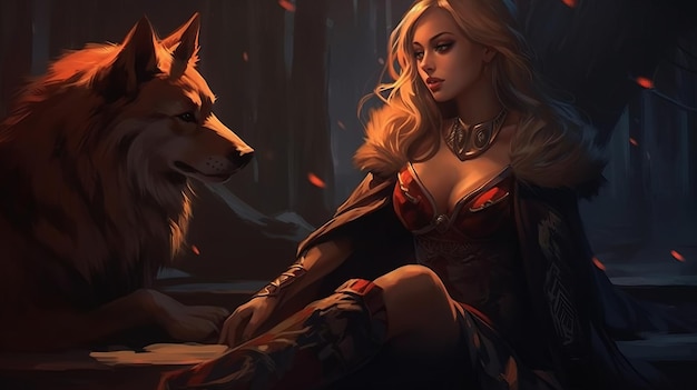 Beautiful woman in armour sitting with a wolf 2d game art