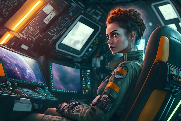 명령 센터 군사 스타일 공상 과학 신경 네트워크 생성 예술에 앉아 우주선의 선장으로 아름 다운 여자