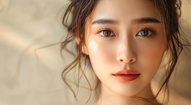 아시아인 외모의 아름다운 여성 베이지색 배경