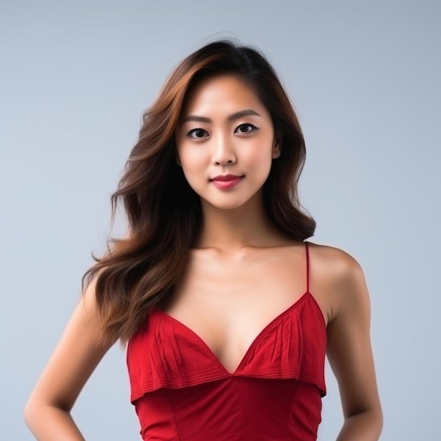 A beautiful woman of asian descent wearing a red dress posing for a photo shoot in a studio white