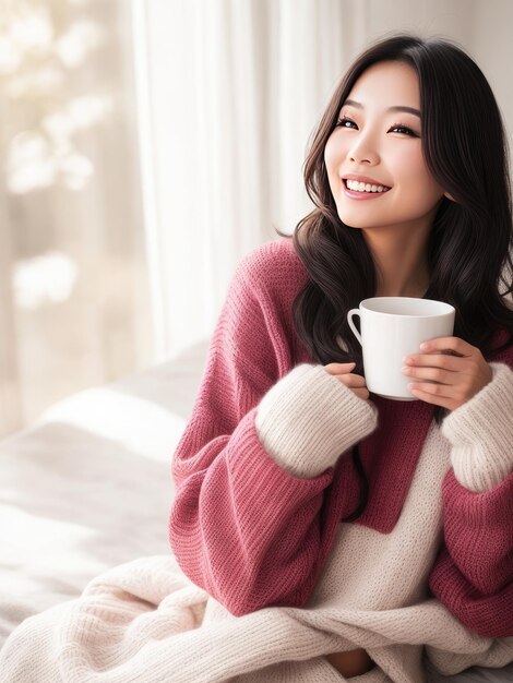 아름다운 아시아 여성, 스웨터를 입은 행복한 남성, 생성 인공지능