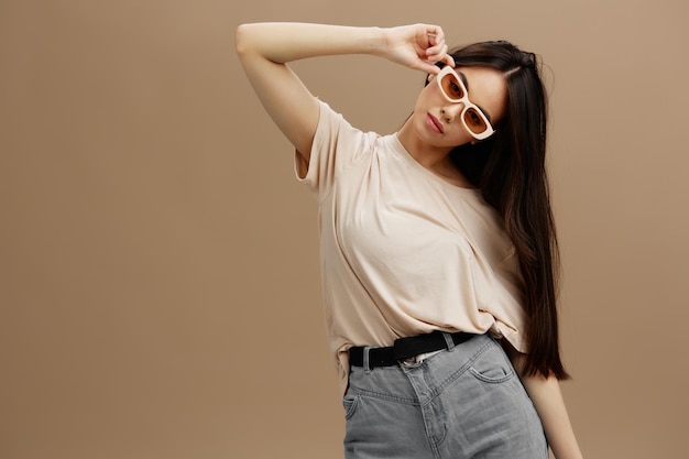 beautiful woman attractive look charmin dark glasses in a tshirt lifestyle high quality photo