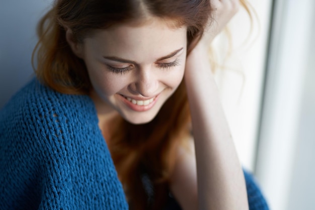 Beautiful woman attractive look with a blue plaid morning high quality photo