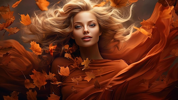 beautiful woman in autumn wind blowing leaves