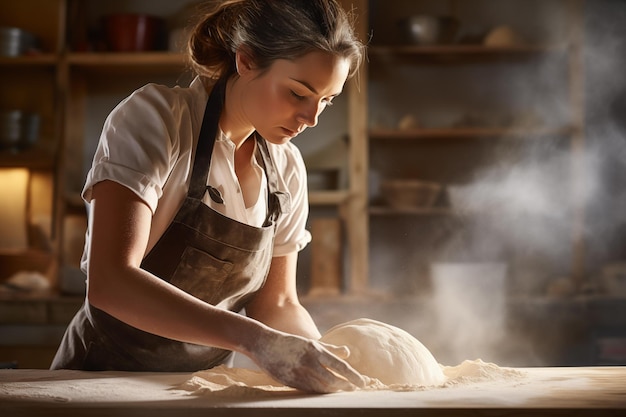 Beautiful woman baker cooking making handmade cookies Pastry bakery production Generative AI