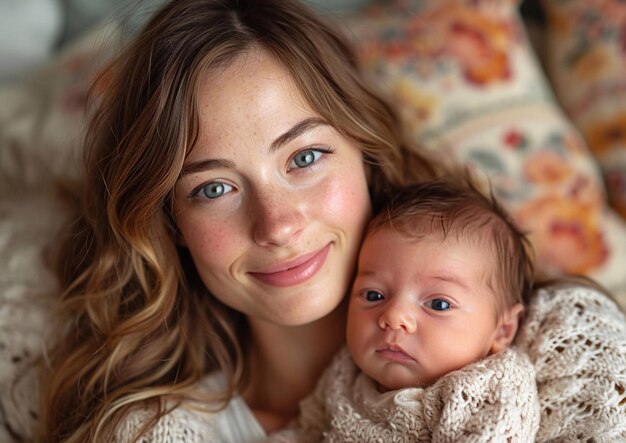 Foto bella donna a letto con il suo primo neonato bambino felice maternità e concetto di famiglia