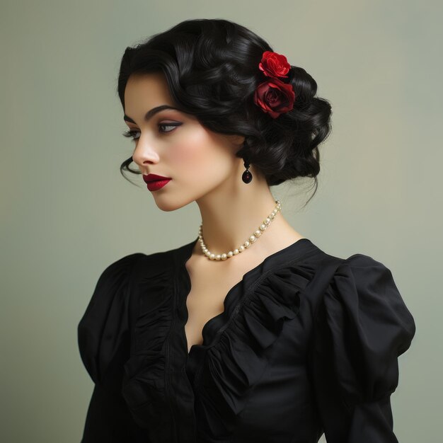 Photo beautiful woman in black dress with red roses on her hair