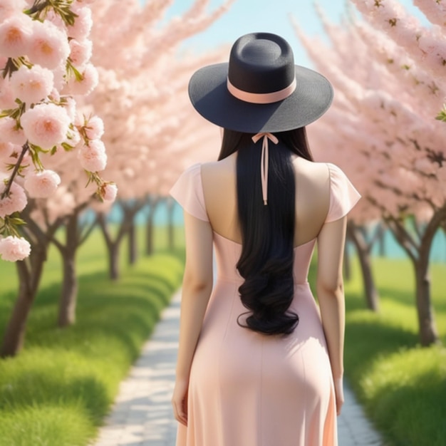 A beautiful woman in a black hat and pink dress poses in a spring blooming garden Back view