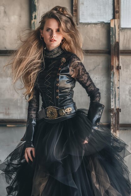 Foto bella donna in pelle nera e gonna di tulle foto a corpo pieno nello stile steampunk