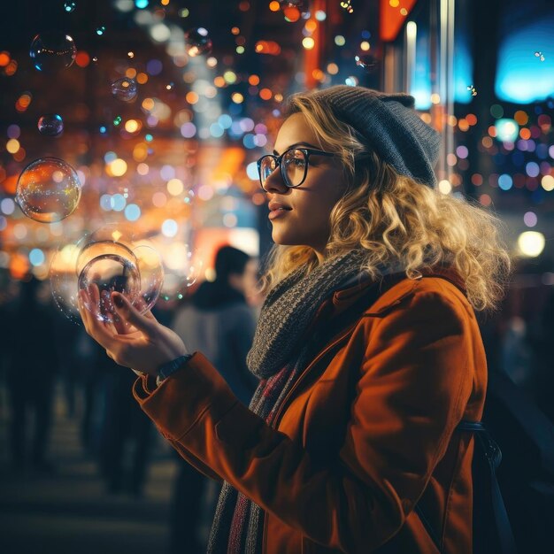 Beautiful woman blowing bubbles at night in a festive atmosphere