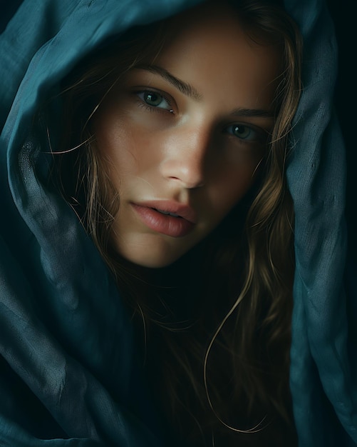 a beautiful woman in a blue cloak