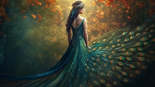 Beautiful woman in blue dress with peacock feathers in the old castlegenerative ai