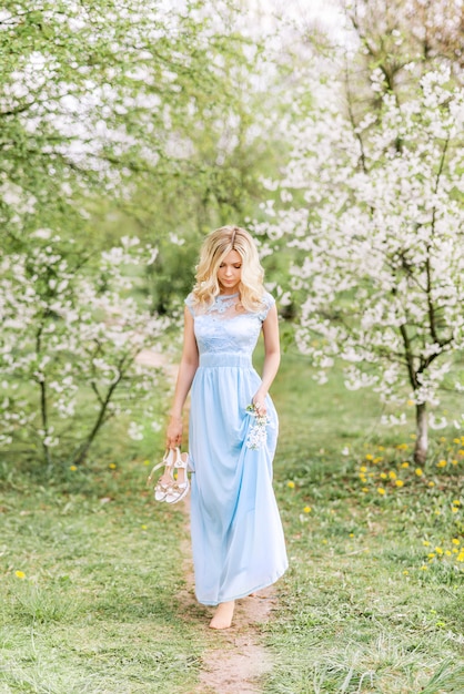 Beautiful woman in a blue long dress walks in a spring blooming garden