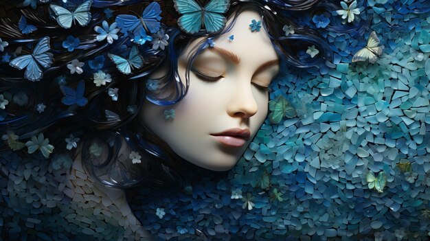 Beautiful woman in a blue nature mosaic