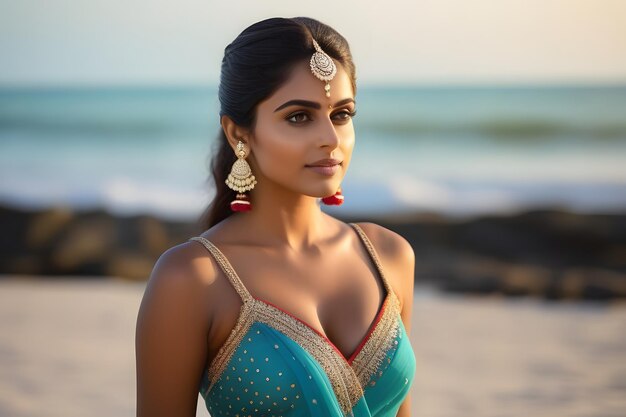 Beautiful Woman in Blue Sari Standing on Beach