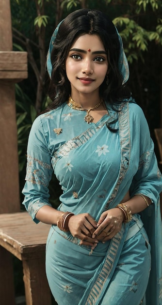 a beautiful woman in a blue sari