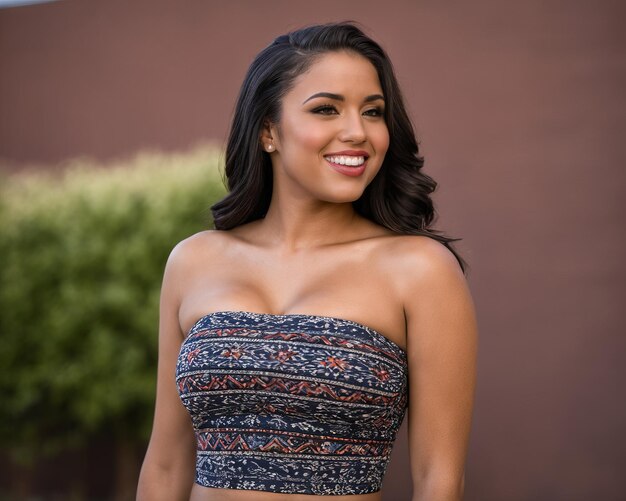 A beautiful woman in a blue and white printed crop top