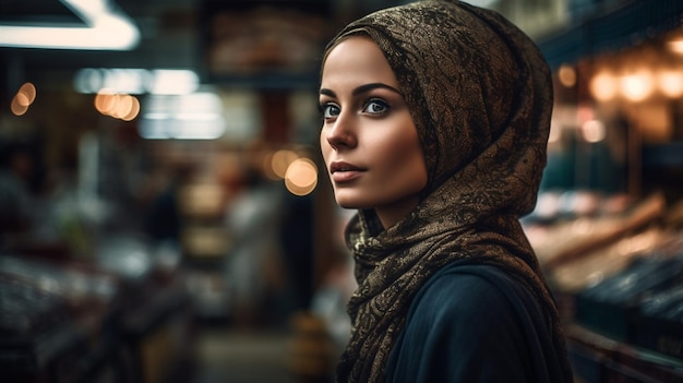 Photo beautiful woman on a blurred background of market selective focus model