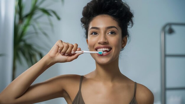 Photo beautiful woman brushing teeth with a toothbrush in the bathroom