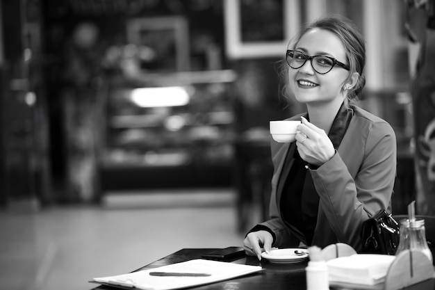 Beautiful woman at a business meeting black and white