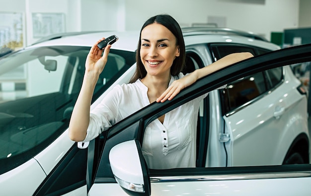 Beautiful woman buying a new car for job and travel in dealership girl customer