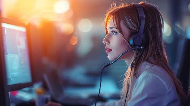 Photo beautiful woman in call center banner