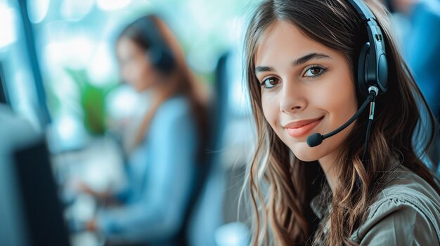 Photo beautiful woman in call center banner