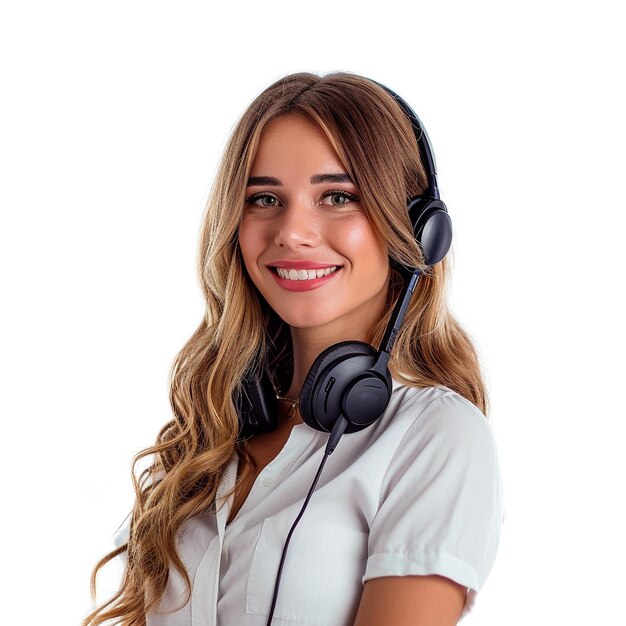 Beautiful woman in call center on white background