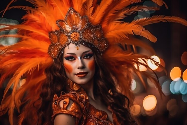 Beautiful woman in carnival costume and feathers