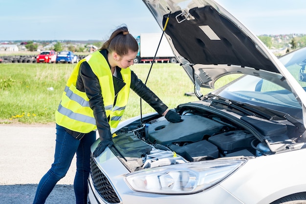 道端で車のエンジンをチェックする美しい女性