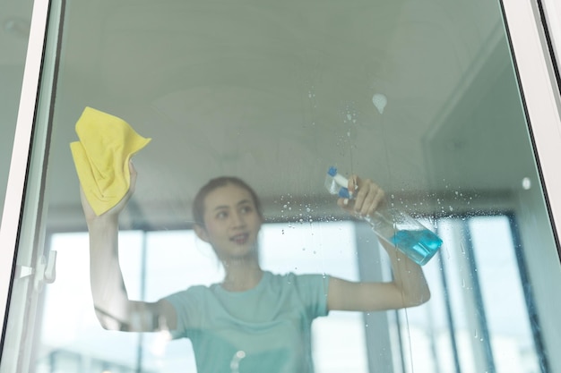 Beautiful woman cleaning house