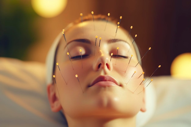 Beautiful woman in clinic face with acupuncture needles AI generated