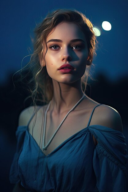 Beautiful woman close up blue hour portrait