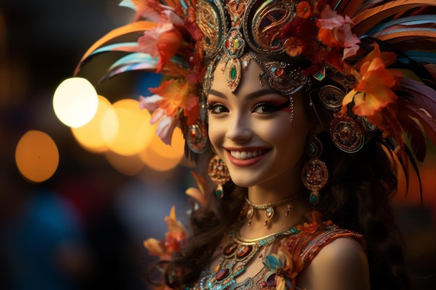 a beautiful woman in a colorful costume with an elaborate headdress