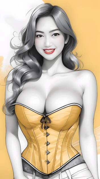 Beautiful woman in corset on yellow background